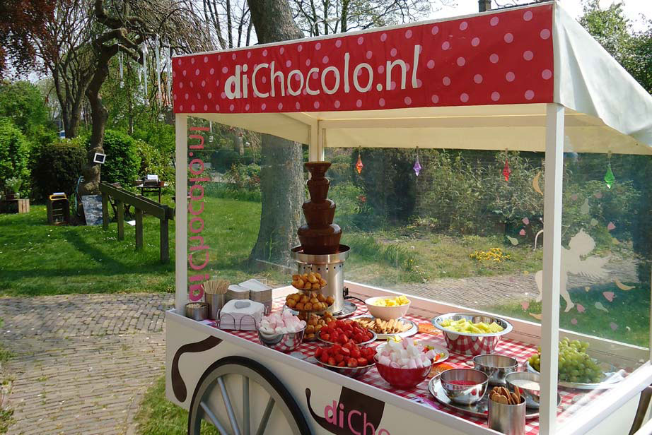 Heb je deze zomer een schoolfeest, tuinfeest of een barbecue met je familie? De mobiele ChocoExpress heeft een vitrine waardoor de chocoladefontein goed beschermd wordt tegen wind.